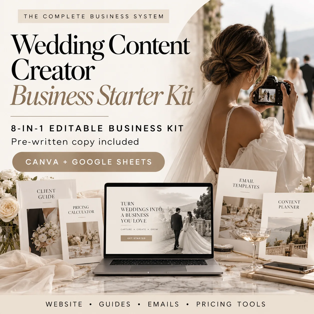 Wedding Content Creator Business Starter Kit with Canva templates and Google Sheets tools